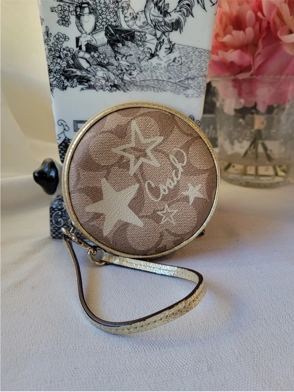 Coach Beige & Tan Star Round Wristlet with Gold Trim